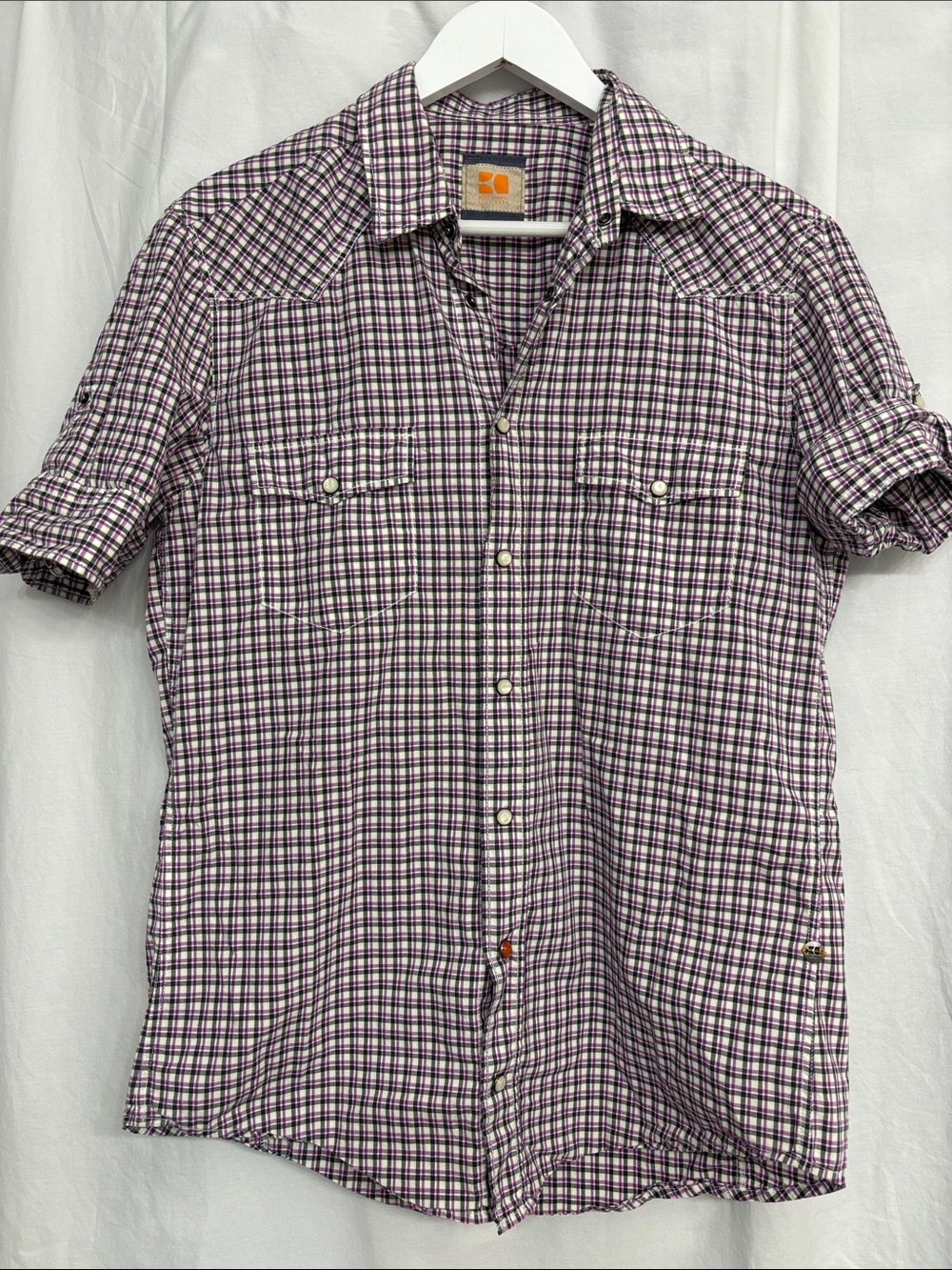 Boss Orange Men’s Hugo Boss Purple/Black Plaid Snap-Button Short-Sleeve Shirt.